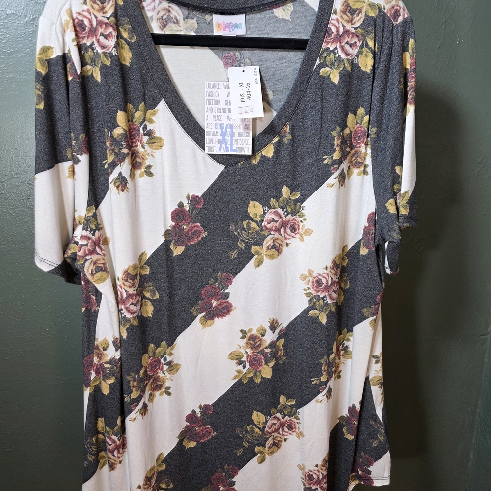 LuLaRoe Iris V-Neck Short Sleeve Top in Gray, Cream & Rose